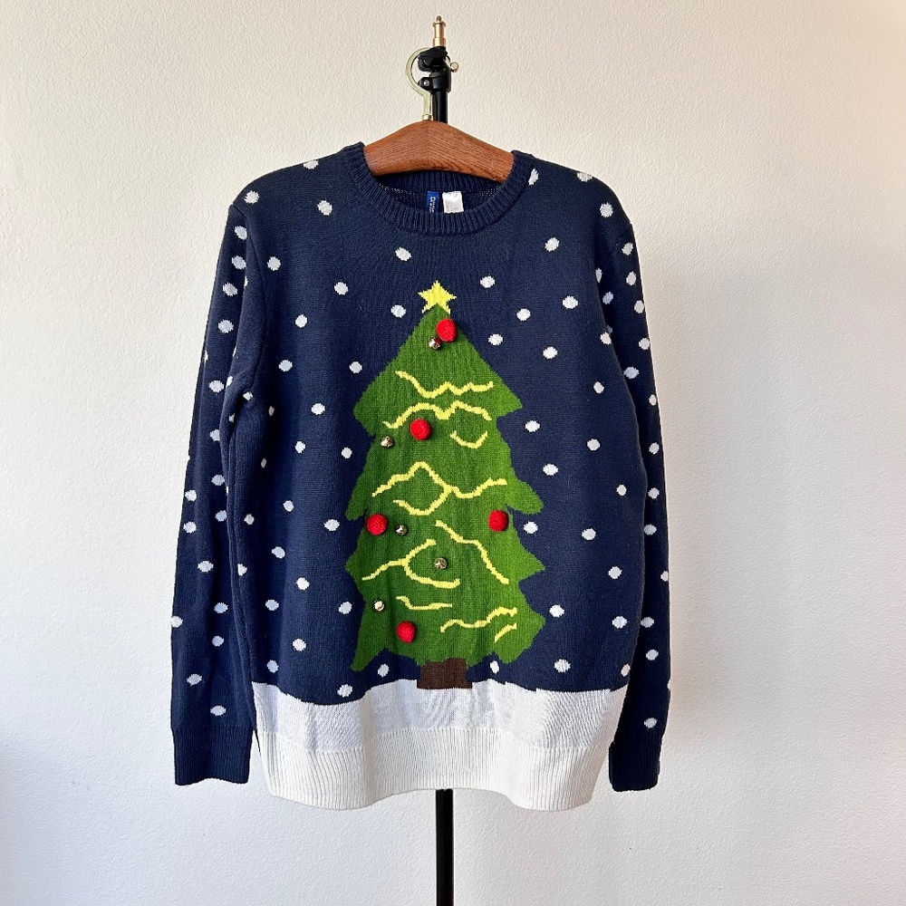 H&M Ugly Christmas Tree Winter Sweater Wool Blend Real Jingle Bells Mens S